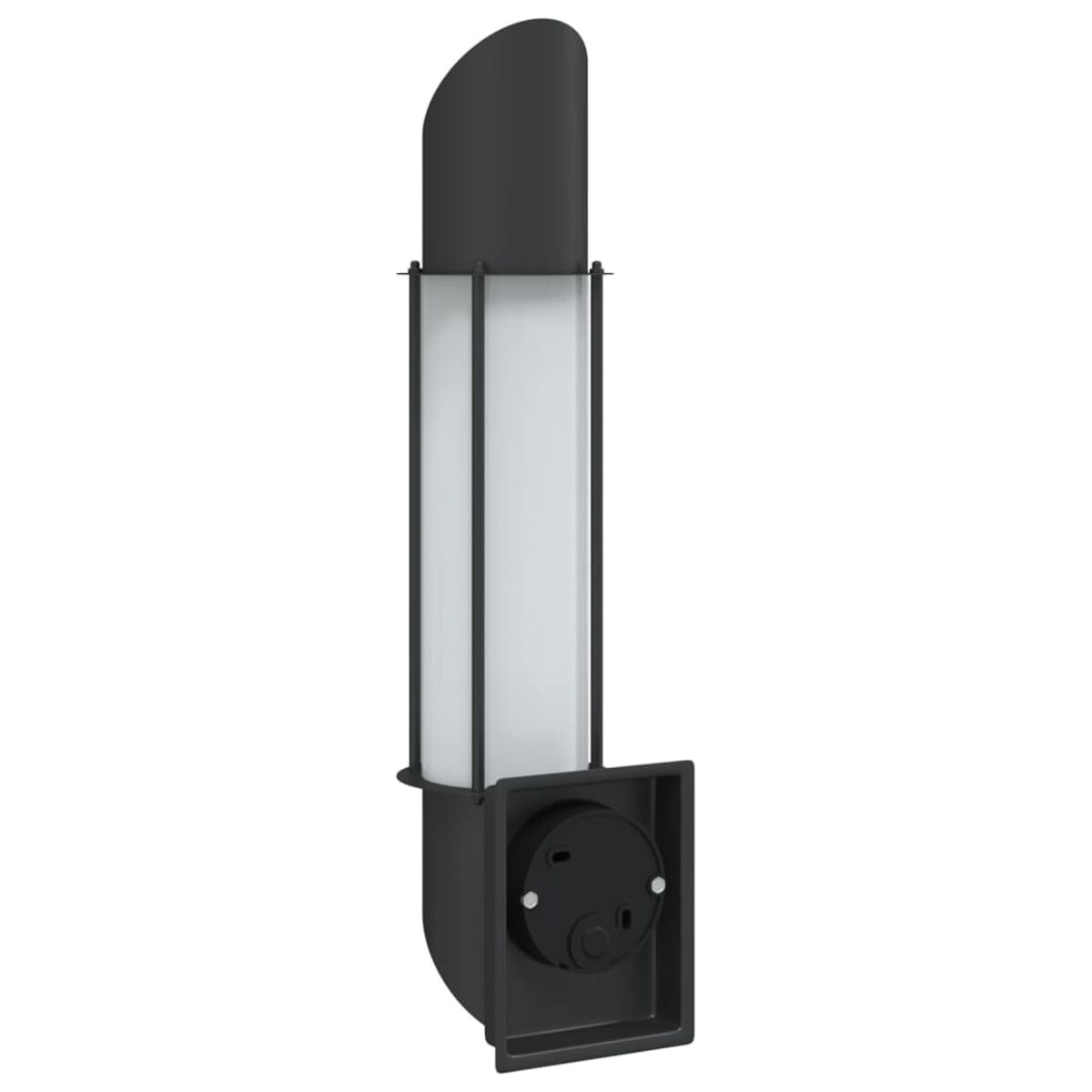 Applique nera con pannello luminoso bianco. Ha una parte superiore curva e una base rettangolare. Sfondo bianco.