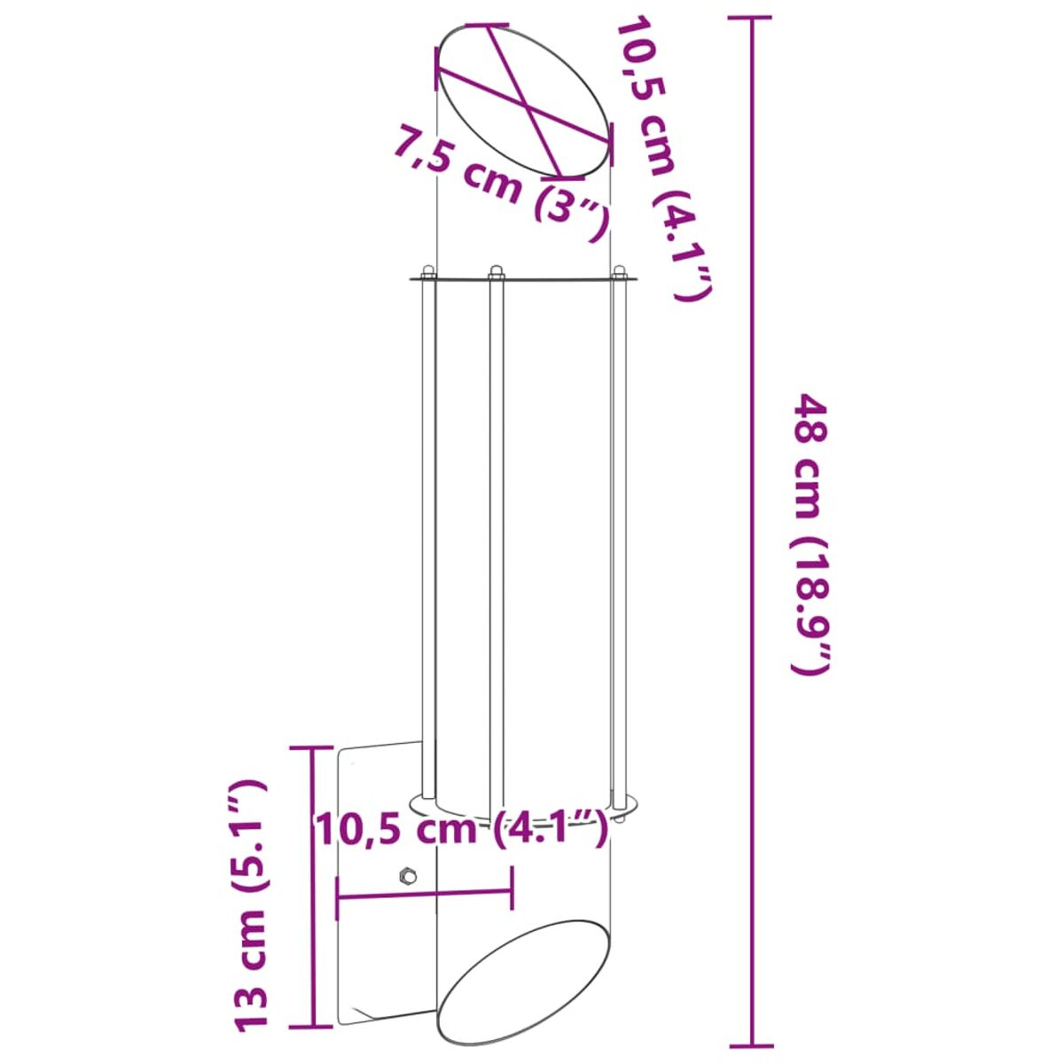 Wandleuchte mit Maßen. Zylindrisches Design. Detaillierte Diagramm mit Zentimeter-Angaben.