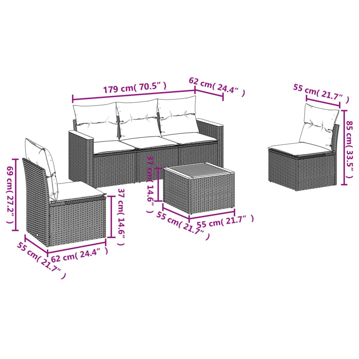 Diagramm eines Outdoor-Sofasets mit Maßen in Zentimetern und Zoll.
