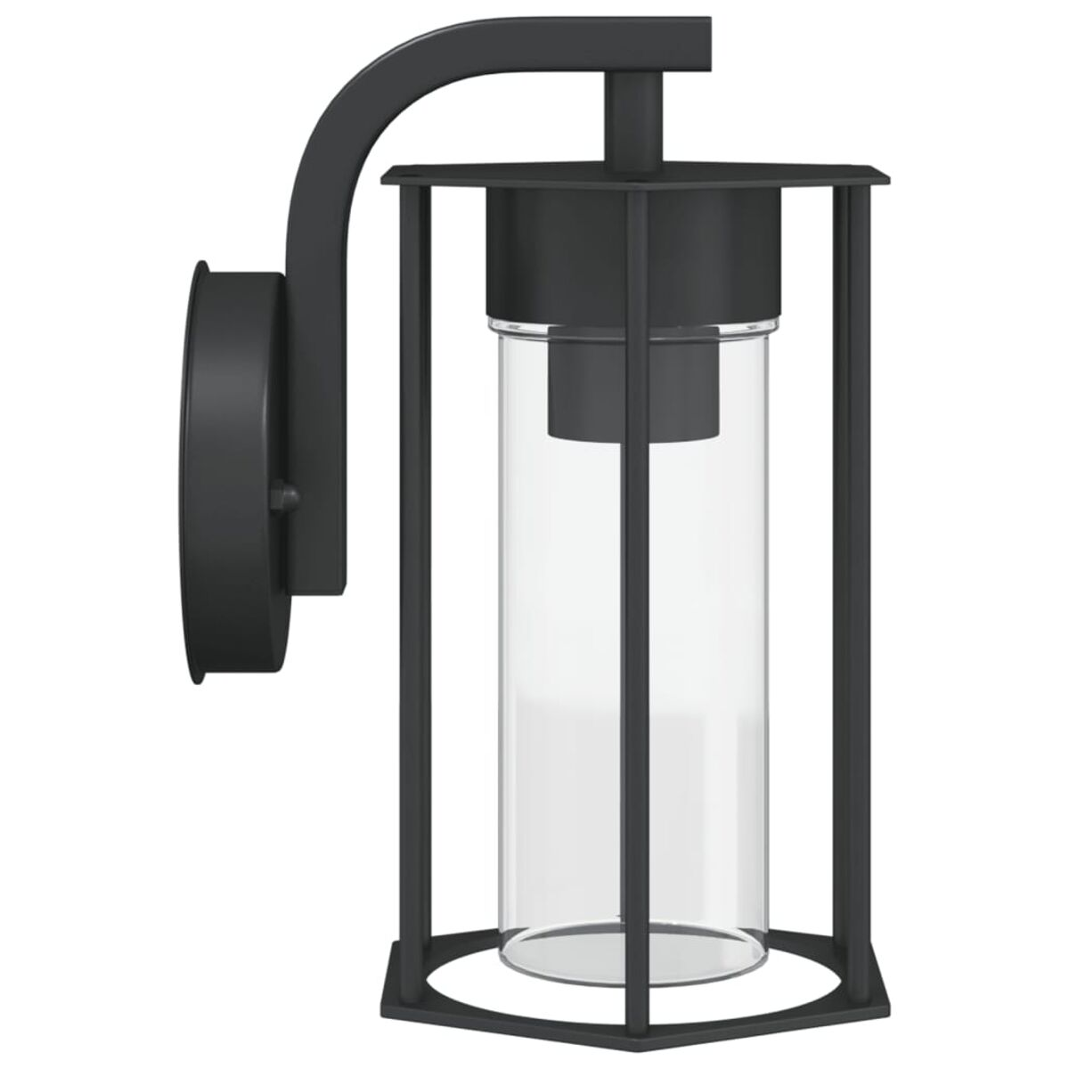 Una lampada da parete esterna nera con un cilindro di vetro trasparente, montata a parete.