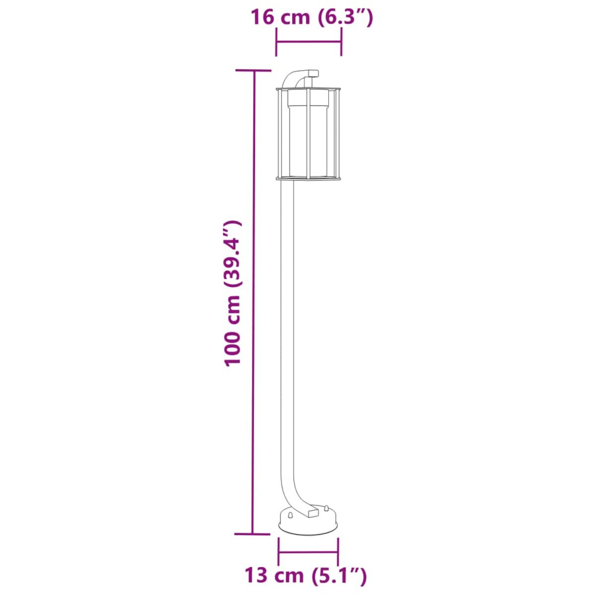 Un'apparecchio di illuminazione per esterni alto e stretto, con dimensioni indicate, in posizione verticale. La luce è cilindrica.