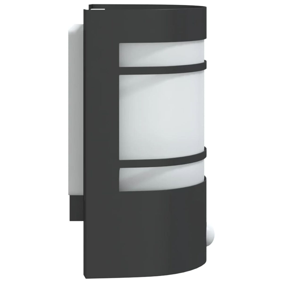 Schwarze Außenwandleuchte. Sie hat einen zylindrischen, weißen Lichtdiffusor mit schwarzem Rahmen.