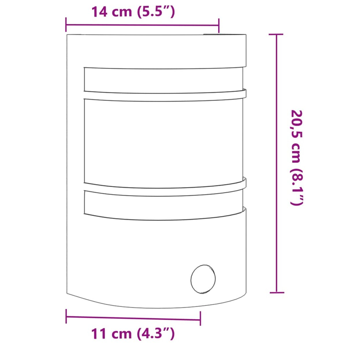 Ein Diagramm einer Wandleuchte mit Maßangaben in cm und Zoll.