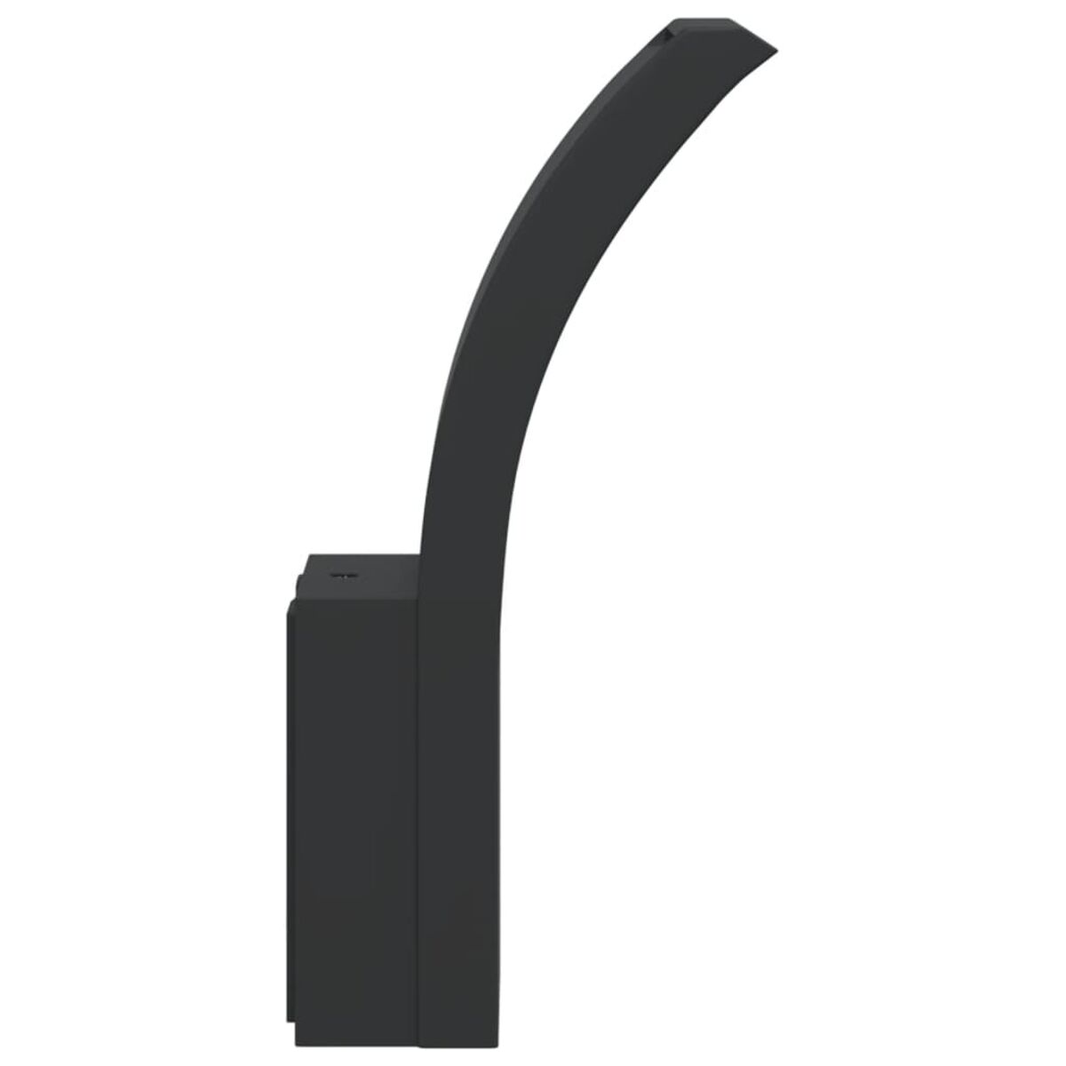 Schwarze geschwungene Außenlampe. Die Lampe ist hoch und hat einen rechteckigen Sockel.