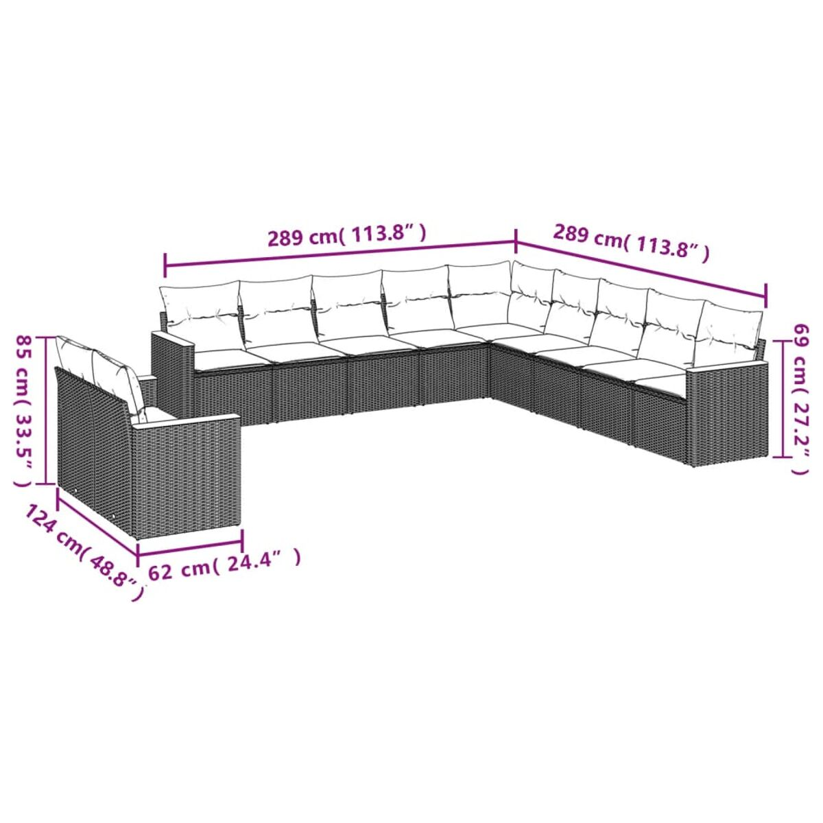 Maße eines Outdoor-Sofa-Sets aus Korbgeflecht. Das Sofa ist groß mit einem Eckteil. Die Abmessungen sind in cm und Zoll angegeben.