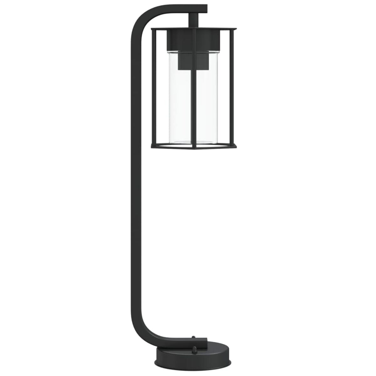 Lampada da esterno nera moderna con braccio curvo e luce cilindrica in vetro. Isolato su bianco.