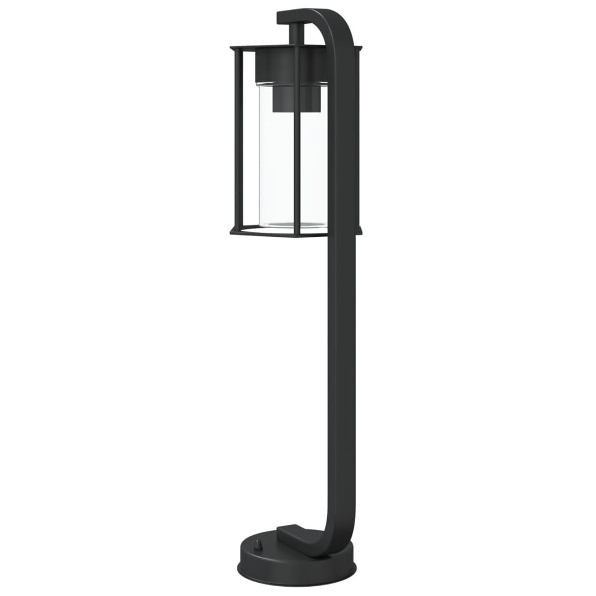 Un lampione nero per esterni con un involucro di vetro rettangolare. Un design curvo sostiene la lampada.