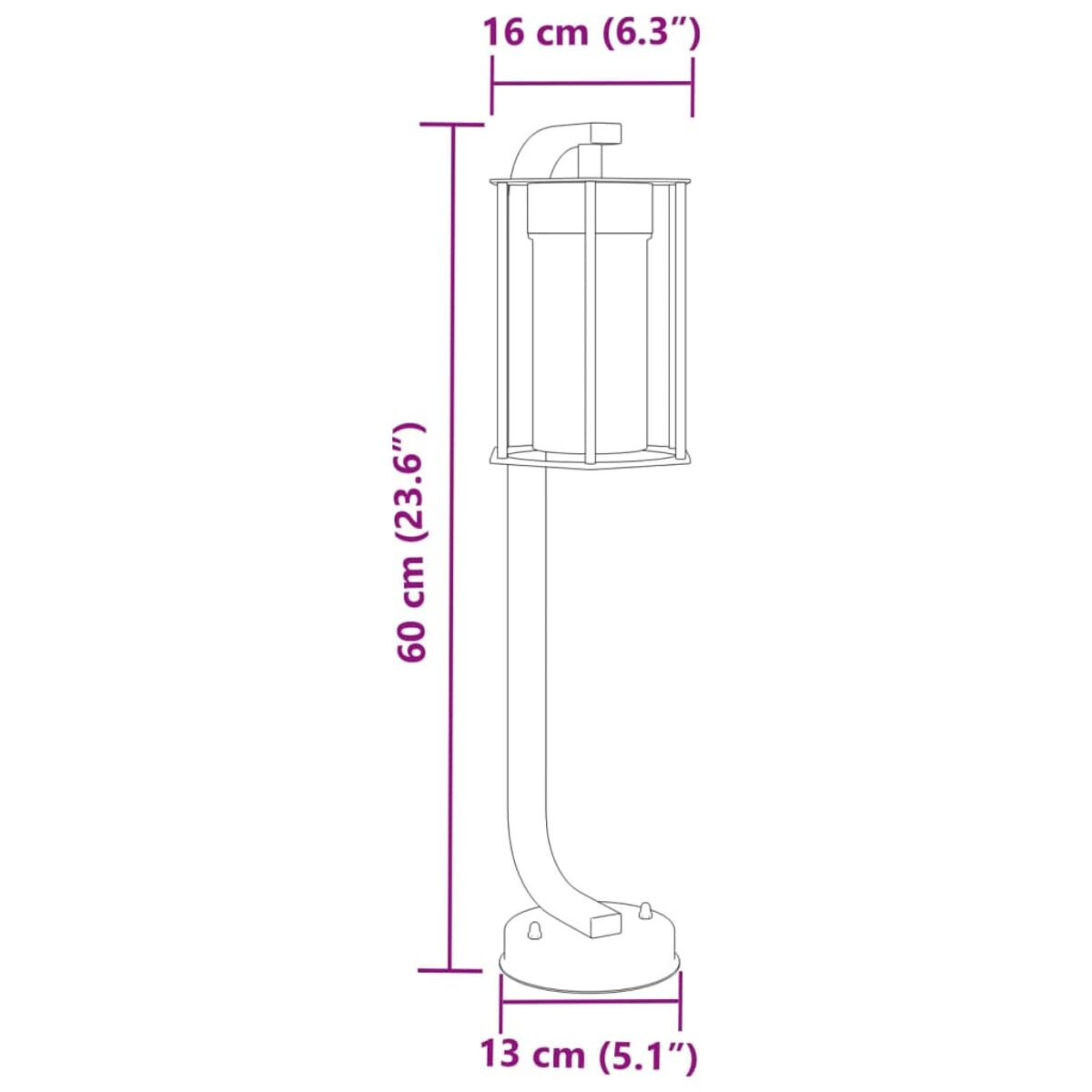 Lampada da esterno alta con dimensioni. La lampada è nera con un involucro di vetro e uno stelo curvo.