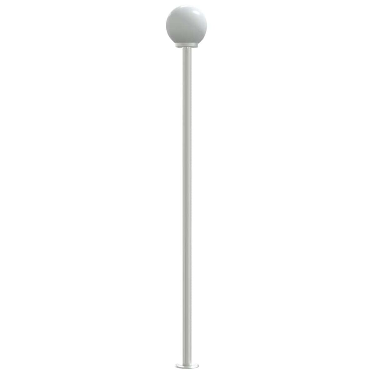 Alto lampione argento da esterno con un globo bianco in cima. Sfondo bianco.