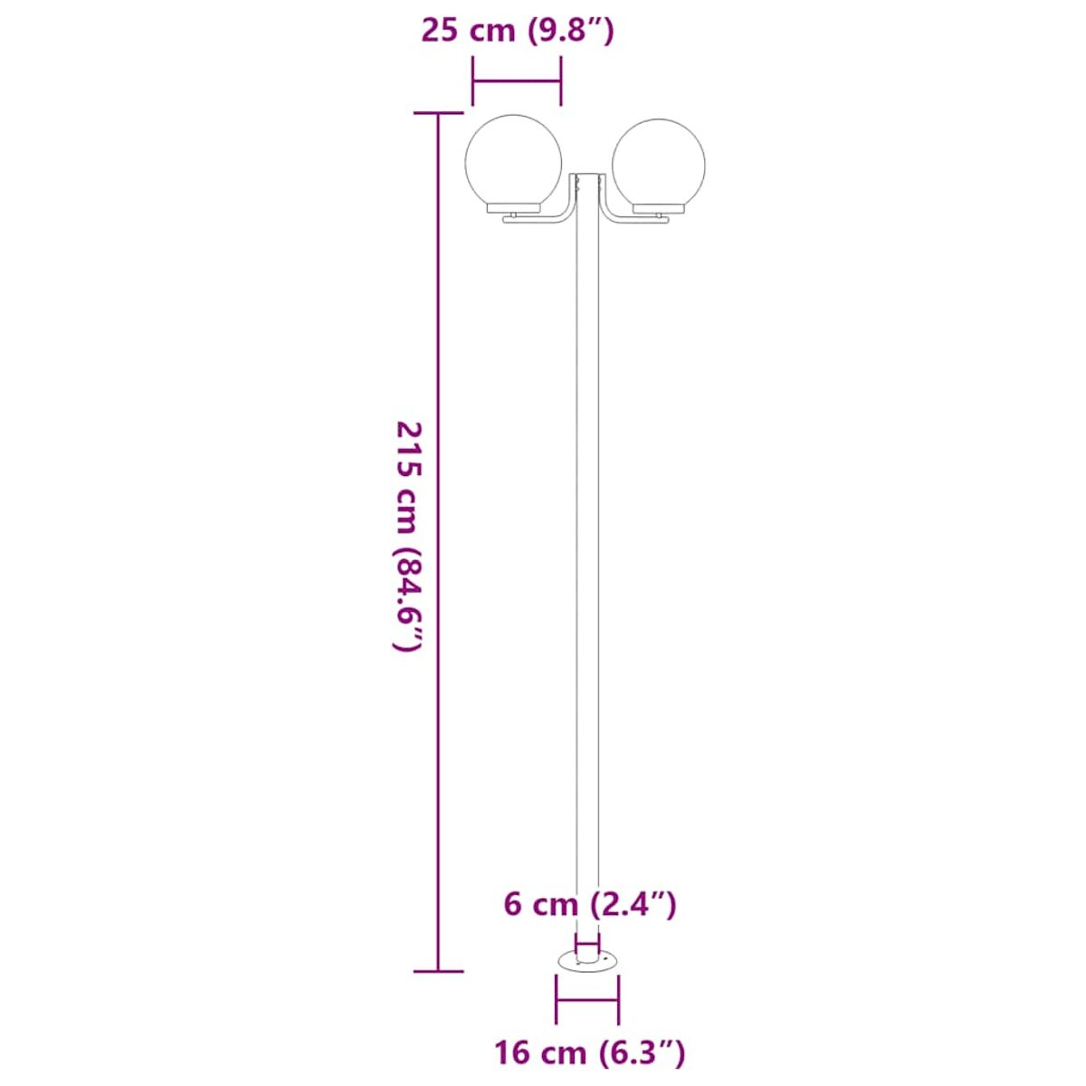 Disegno al tratto di un lampione con due luci sferiche. Dimensioni in cm e pollici.