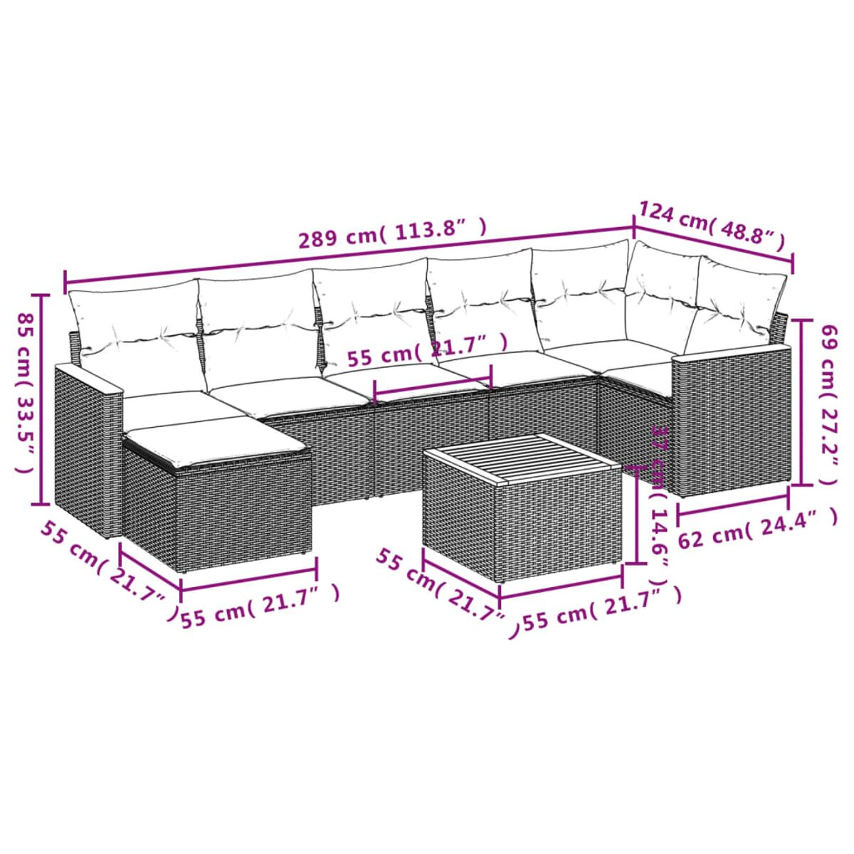 Diagramm eines Ecksofa-Sets aus Rattan mit Abmessungen in Zentimetern und Zoll.