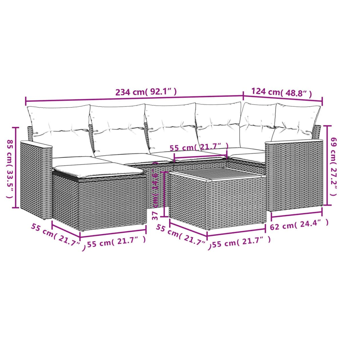 Geflochtenes Outdoor-Ecksofa mit Kissen und Tisch. Abmessungen sind sichtbar.