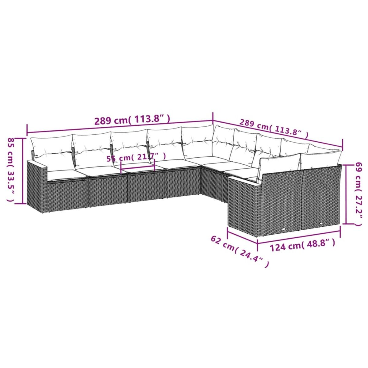 L-förmiges Korbs Sofa mit Maßen. Zeigt die Abmessungen des Sofas in cm und Zoll.