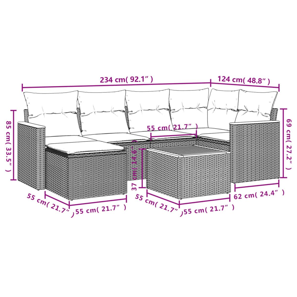 Ein Outdoor-Ecksofa mit beschrifteten Abmessungen. Das Sofa ist in brauner Farbe gewebt.