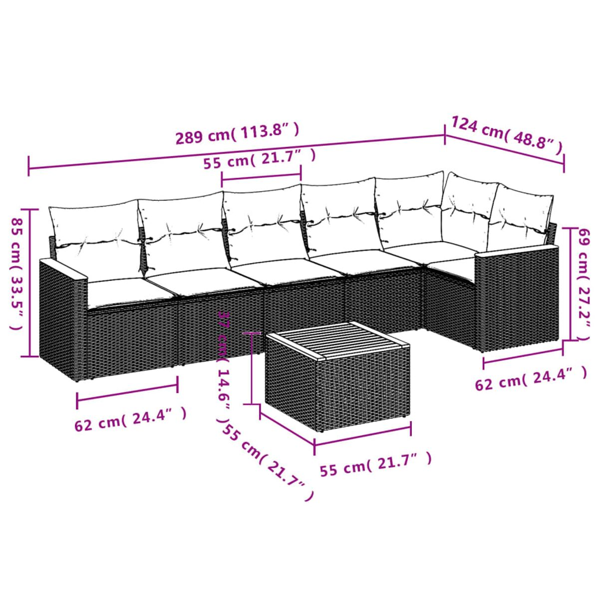 Diagramma di un set divano componibile da esterno con tavolo e dimensioni. Il set è in vimini con cuscini.