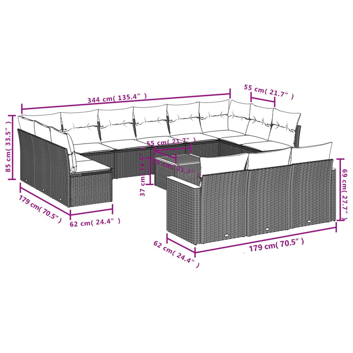 Diagramm eines braunen Outdoor-Sofa-Sets aus Korbgeflecht mit Tisch und Abmessungen.