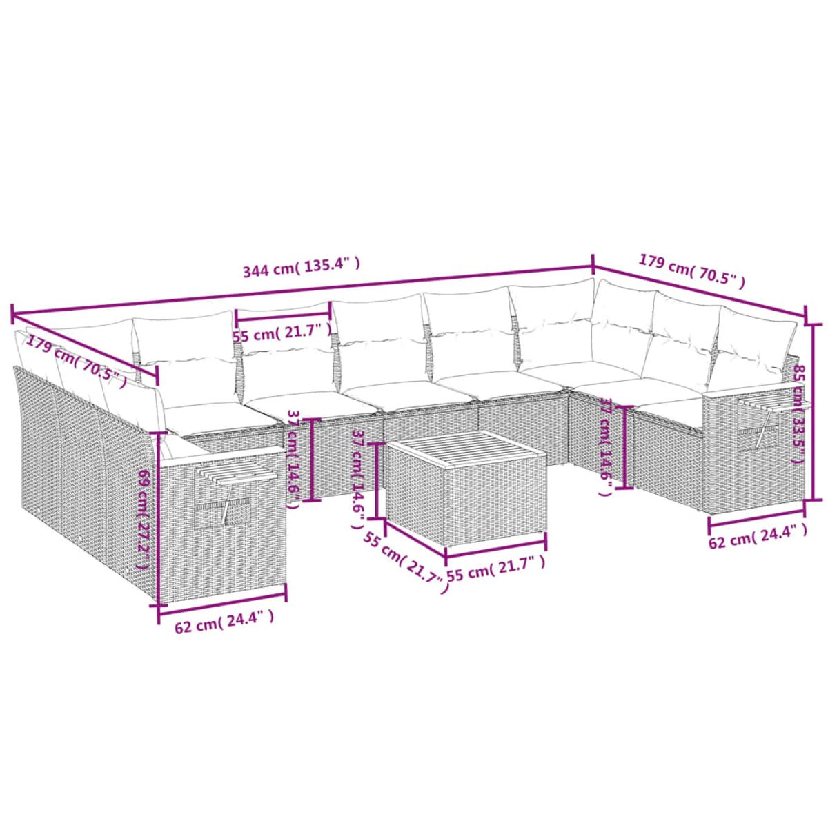Set divano a forma di U in rattan con cuscini neri, dimensioni in cm e pollici.