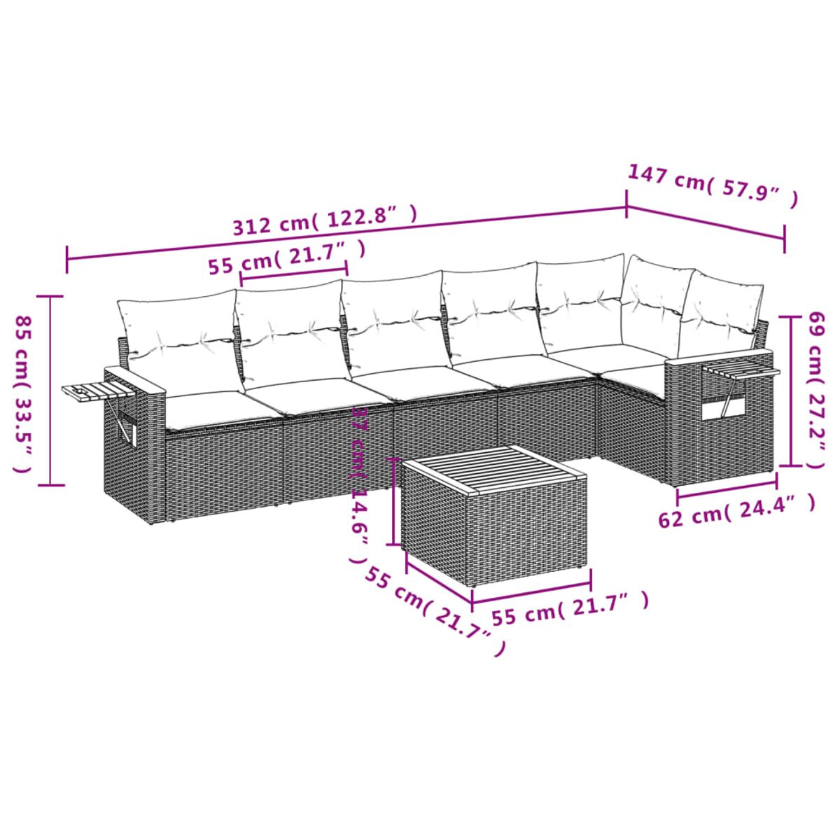 Ein großes graues Outdoor-Ecksofa und ein quadratischer Tisch mit Abmessungen.
