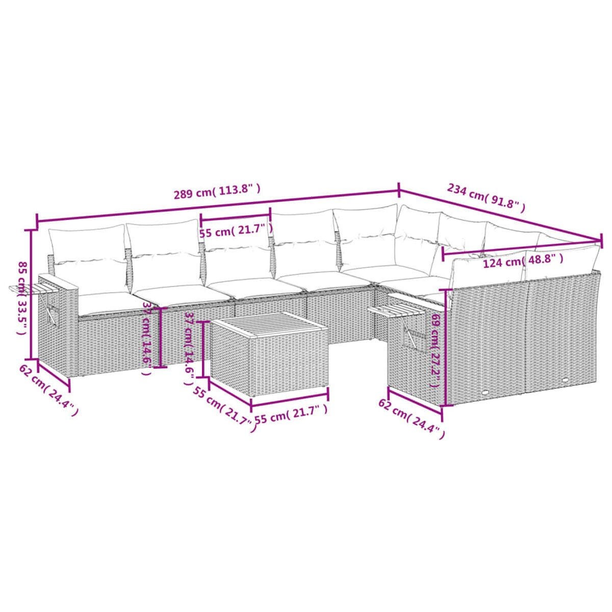 Diagramm eines Ecksofas aus Rattan mit Maßen. Weißer Hintergrund.