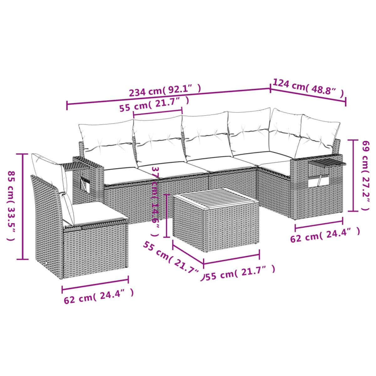 Geflochtenes Outdoor-Sofagarnitur mit Tisch. Abmessungen sind angegeben.