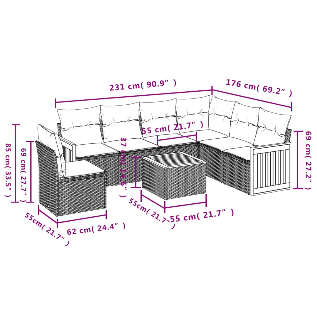 Diagramm eines Ecksofas und eines Couchtisches mit Abmessungen in Zentimetern.