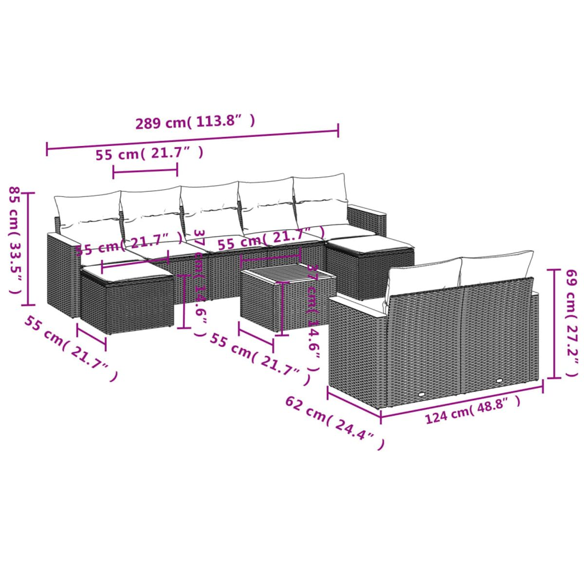 Geflochtenes Outdoor-Sofaset mit Maßangaben. Zeigt Maße in Zentimetern und Zoll auf weißem Hintergrund.