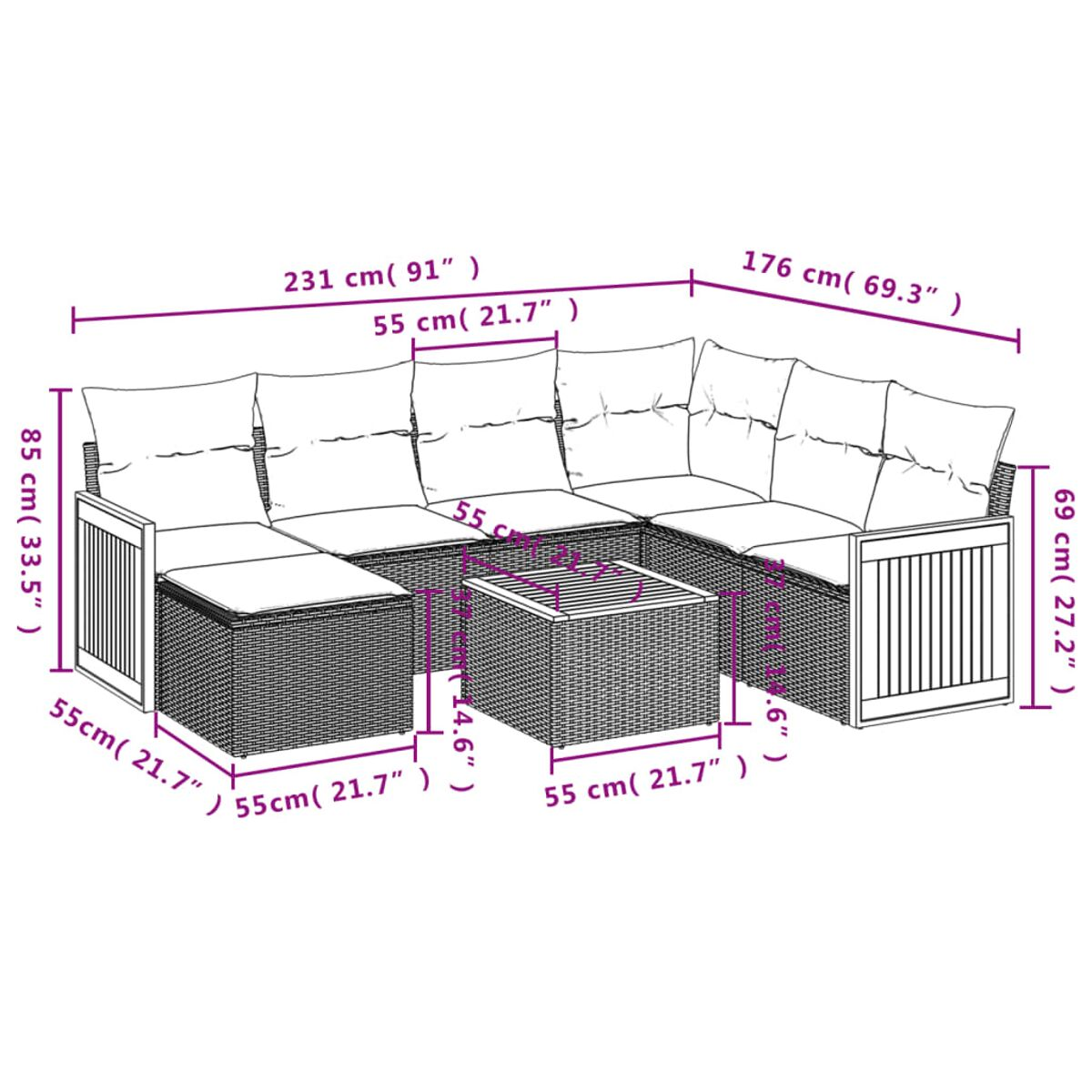 Diagramm eines Outdoor-Geflechtmöbelsets, das Abmessungen und Designmerkmale zeigt.