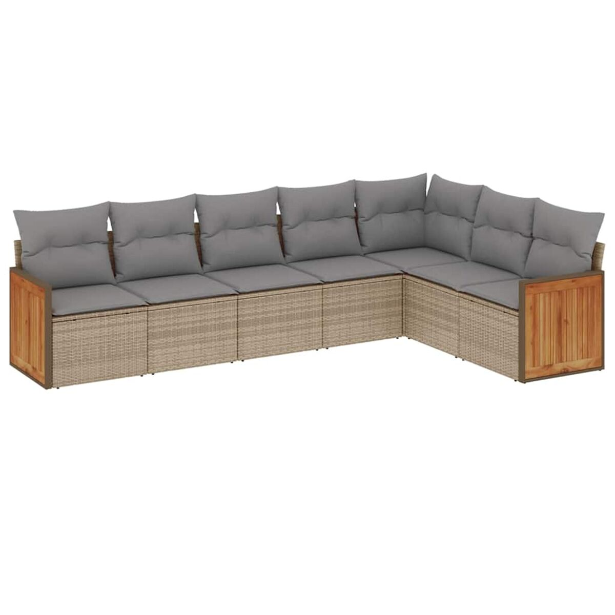 Divano angolare in vimini beige con cuscini grigi e dettagli in legno.