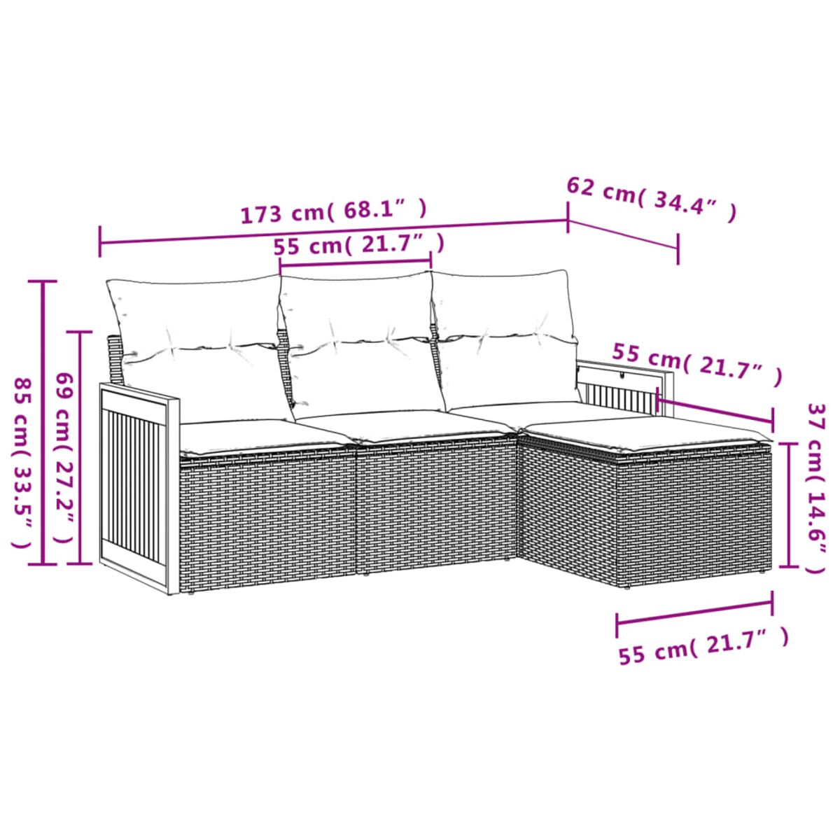 Diagramm eines Outdoor-Ecksofas mit Abmessungen in cm und Zoll, auf weißem Hintergrund.