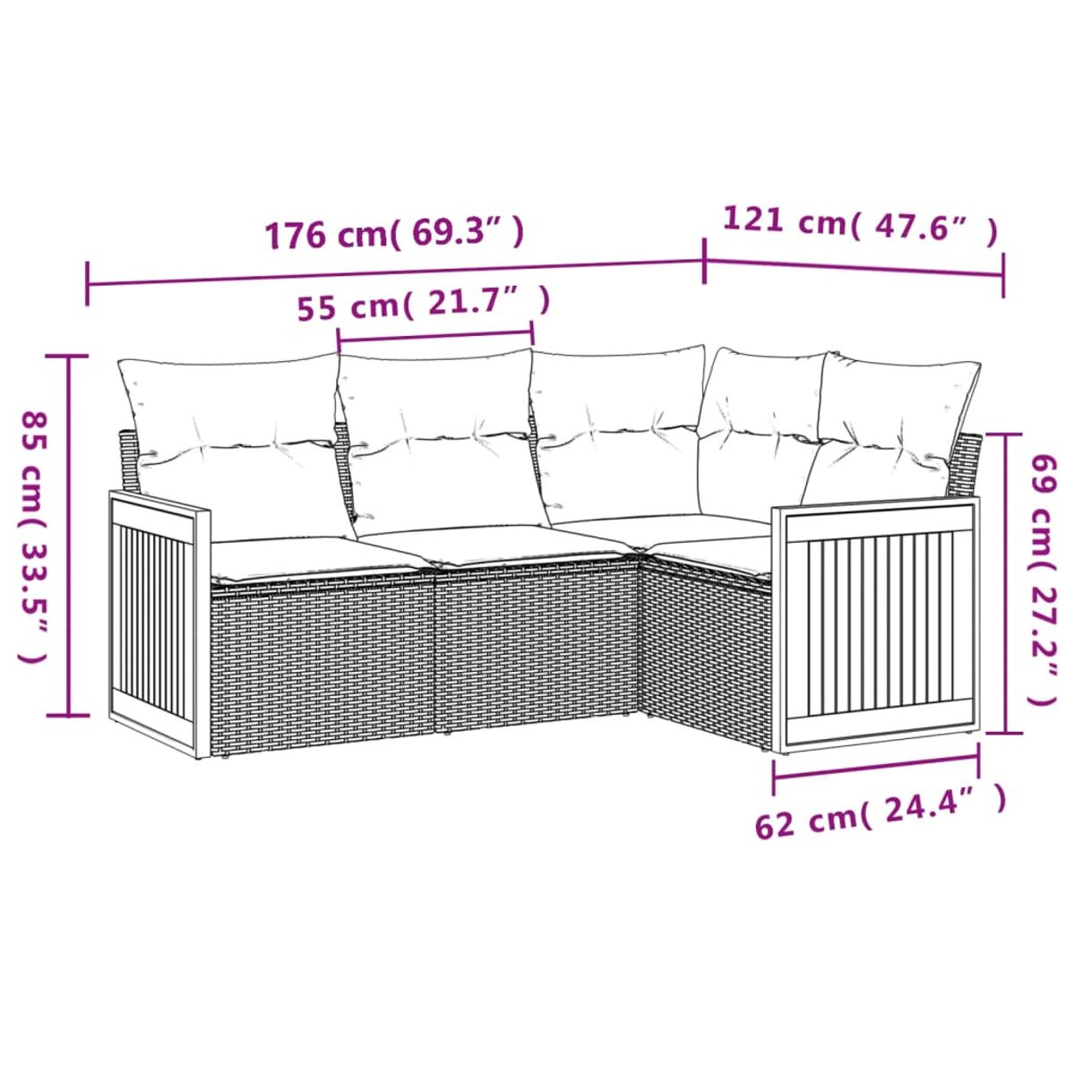 L-förmiges Korbgeflecht-Sofa, Maße beschriftet.
