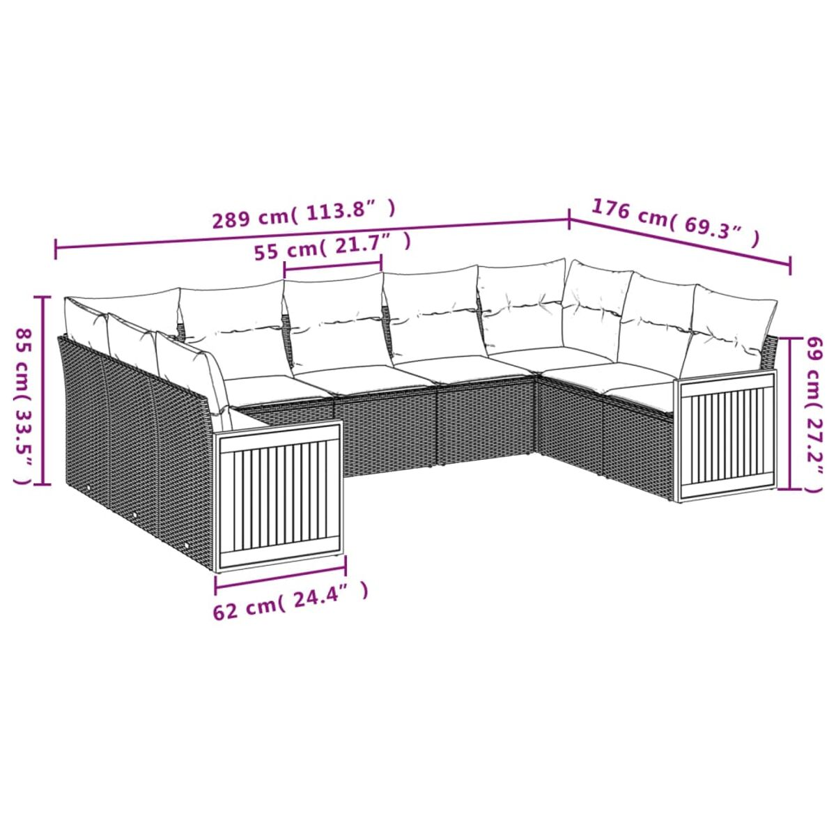 Outdoor-Rattansofa-Set. Grau-braunes Geflecht, mit Kissen. Abmessungen sind mit Pfeilen dargestellt.