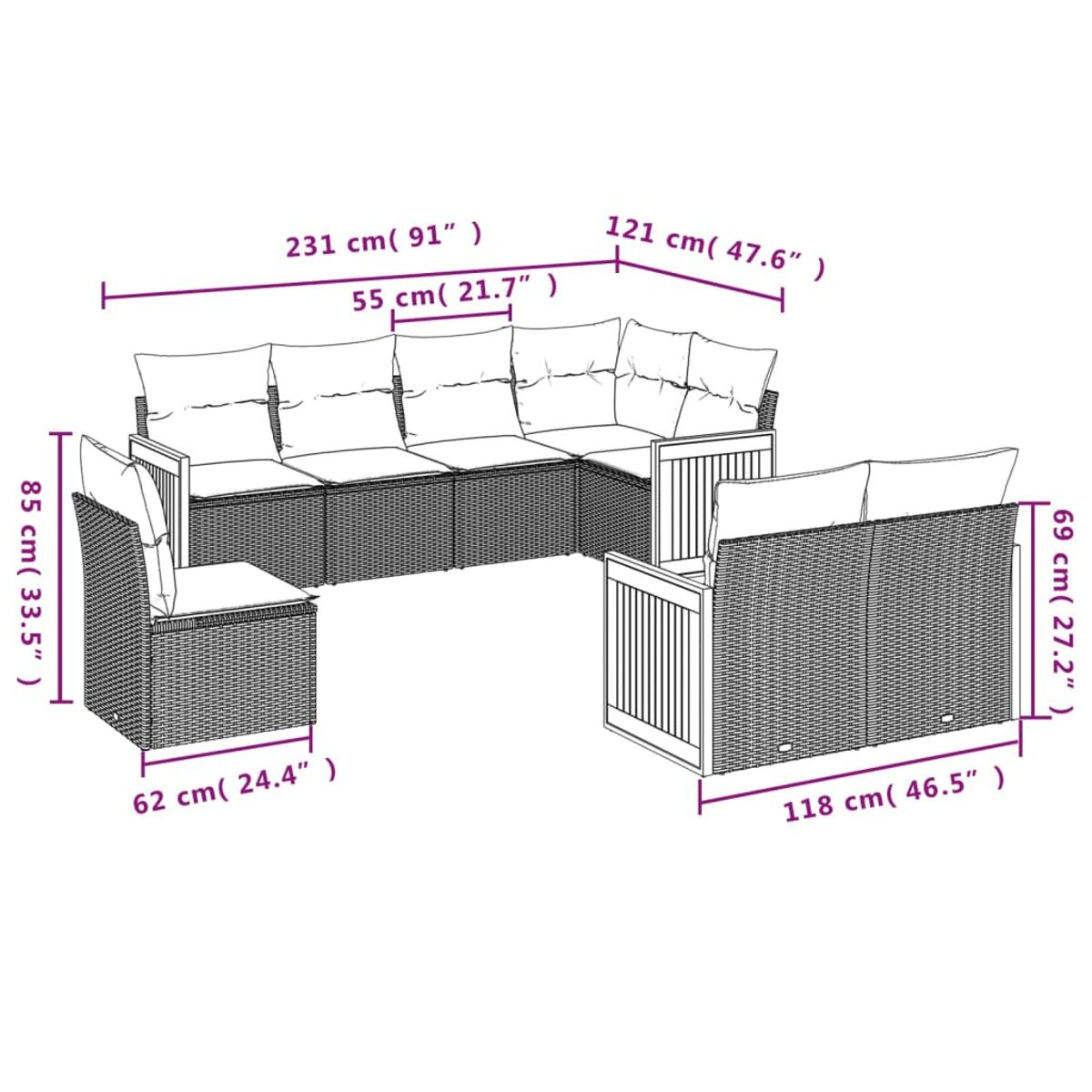 Geflochtenes Outdoor-Sofaset mit Kissen. Abmessungen sind beschriftet.