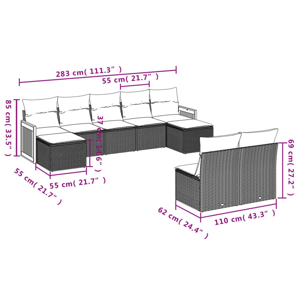 Diagramm eines Outdoor-Sofasets mit Abmessungen. Es beinhaltet eine Ecke und einen Einzelstuhl.