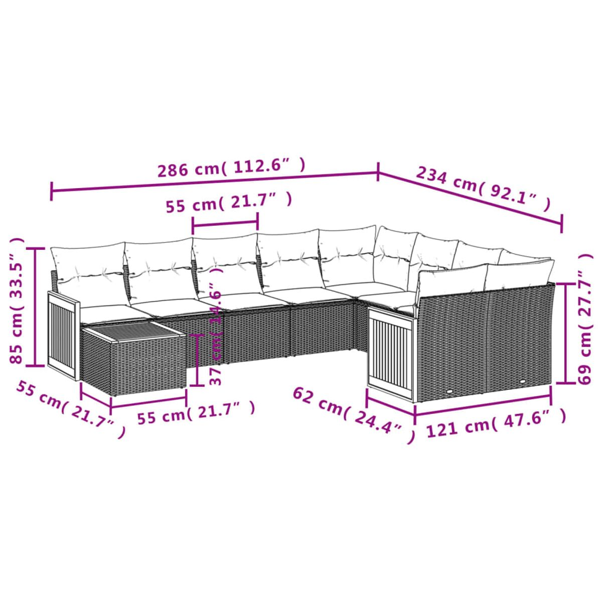 Diagramm eines Ecksofas aus Korbgeflecht mit Abmessungen in Zentimetern und Zoll.
