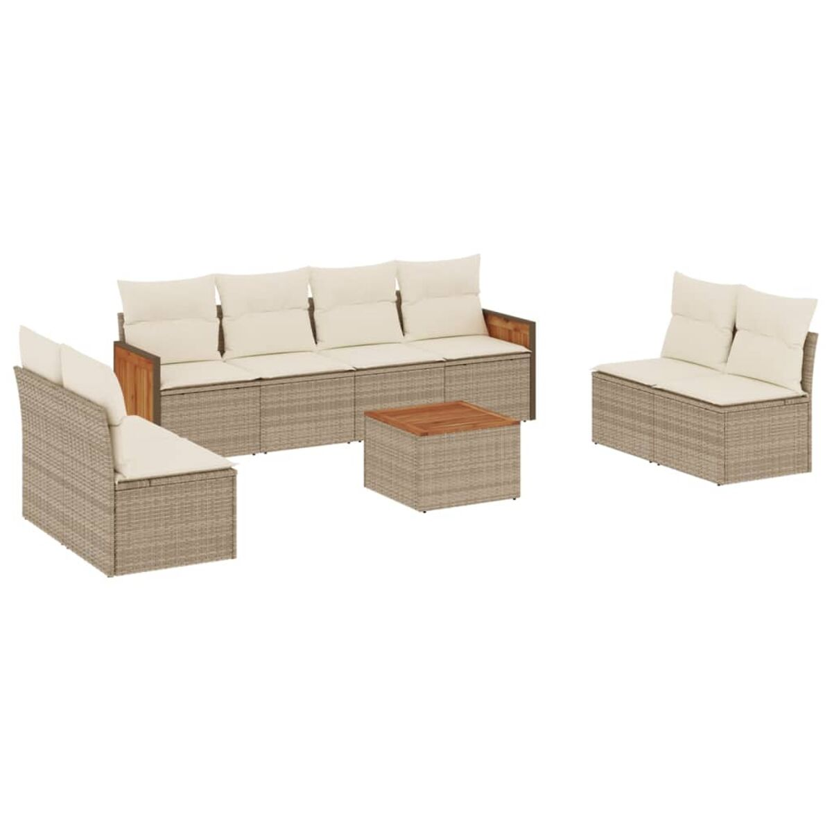 Geflochtenes Gartenmöbel-Set. Es enthält ein Sofa, einen Couchtisch und einen Stuhl.