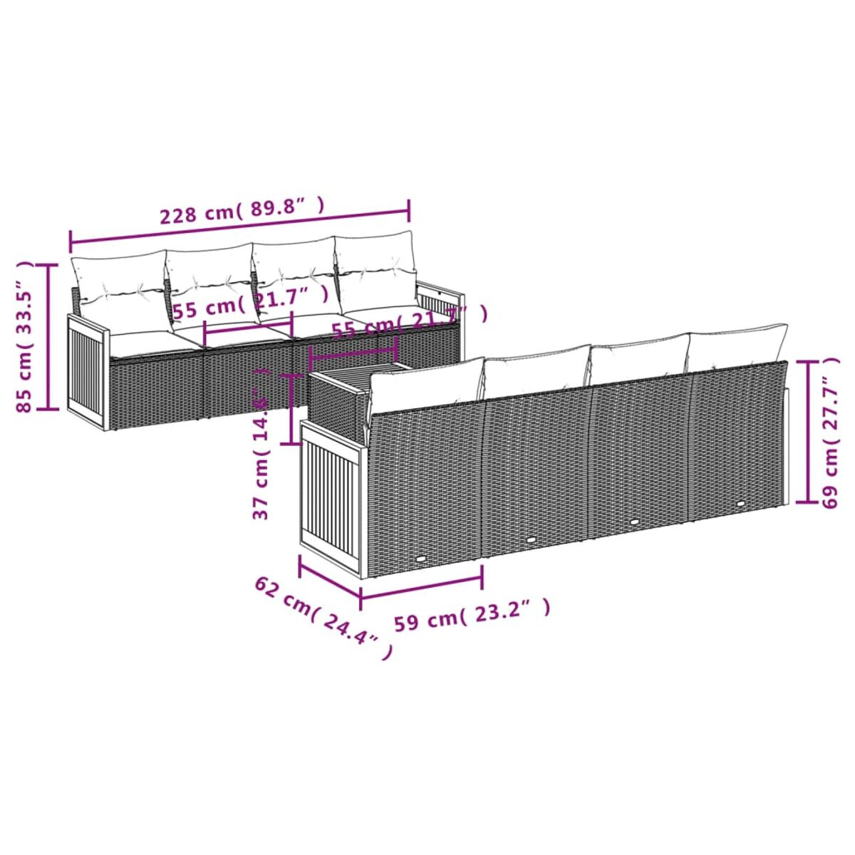 Diagramm eines Outdoor-Sofasets mit Abmessungen in cm und Zoll. Das Sofa hat Kissen und Armlehnen.