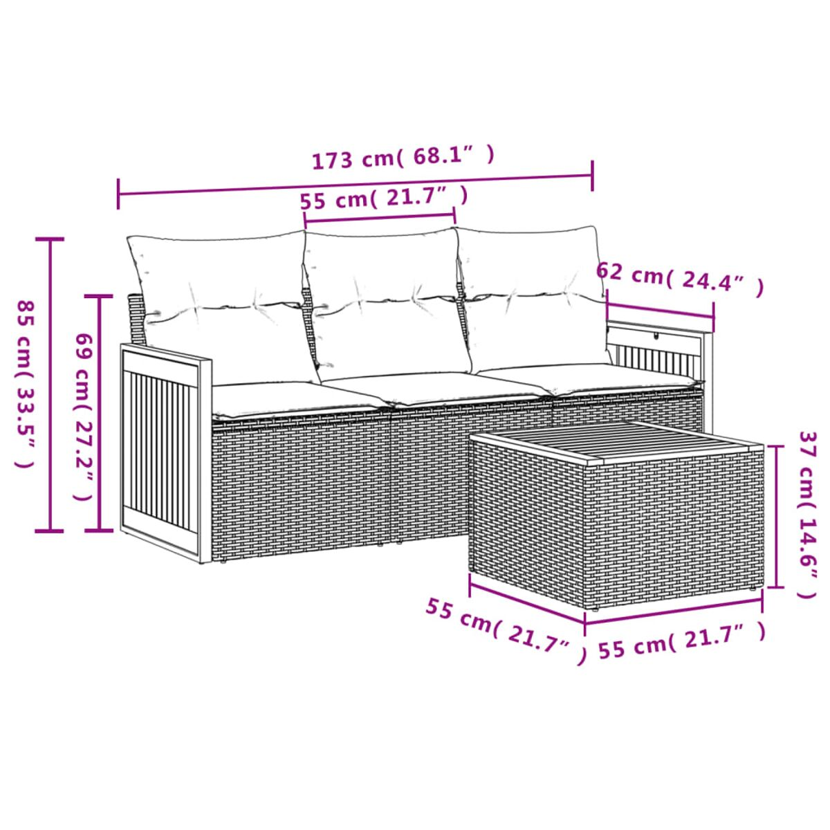 Diagramm eines Korbmöbelsofas mit Kissen und einem passenden Couchtisch. Die Abmessungen sind in cm und Zoll angegeben.