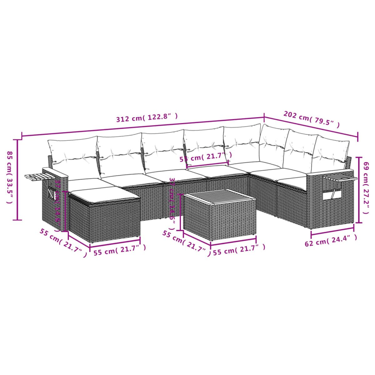 Geflochtenes Outdoor-Sofaset mit Abmessungen. Inklusive Tisch. Neutrale Farben, weißer Hintergrund.