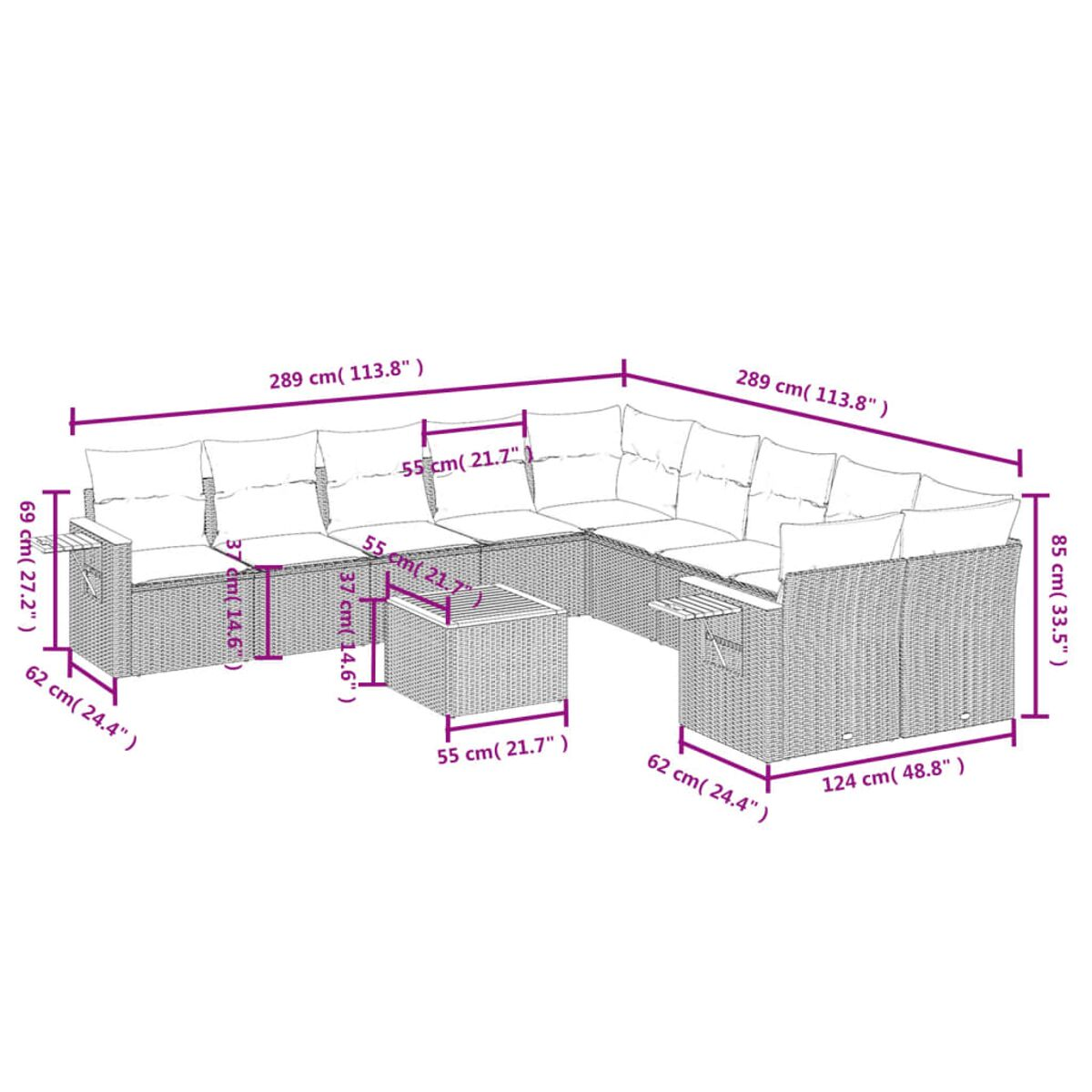 Diagramm eines Ecksofas aus Rattan mit Maßen. Weißer Hintergrund.