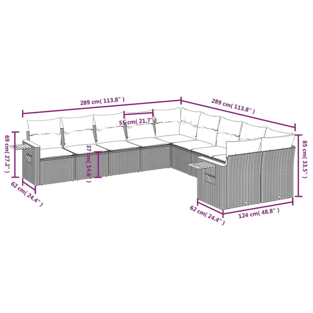 Diagramm eines Outdoor-Ecksofas aus Korbgeflecht mit Abmessungen in cm und Zoll, das seine Anordnung und Größe zeigt.