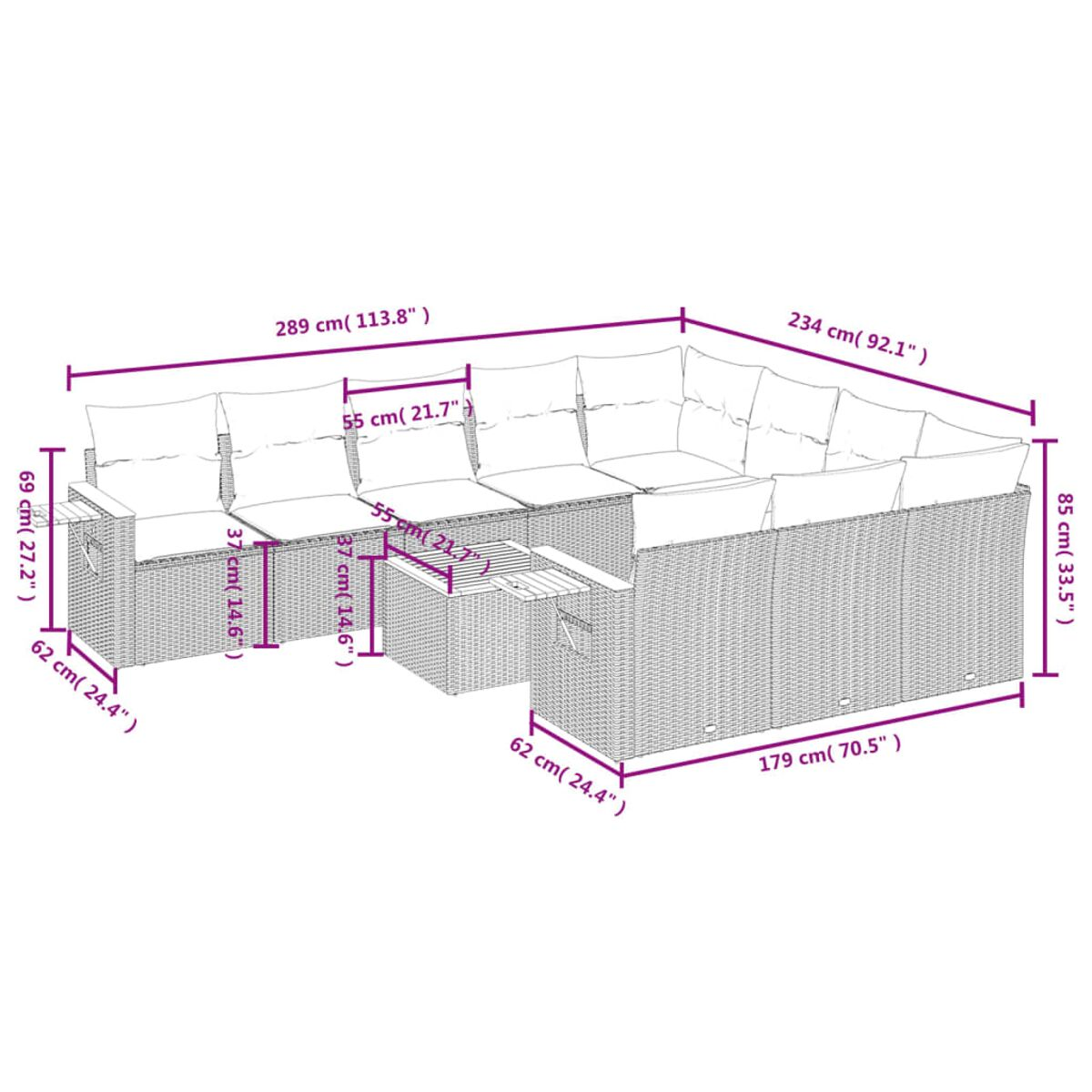 Set divano a L in rattan con dimensioni. Le misure sono indicate sull'immagine.
