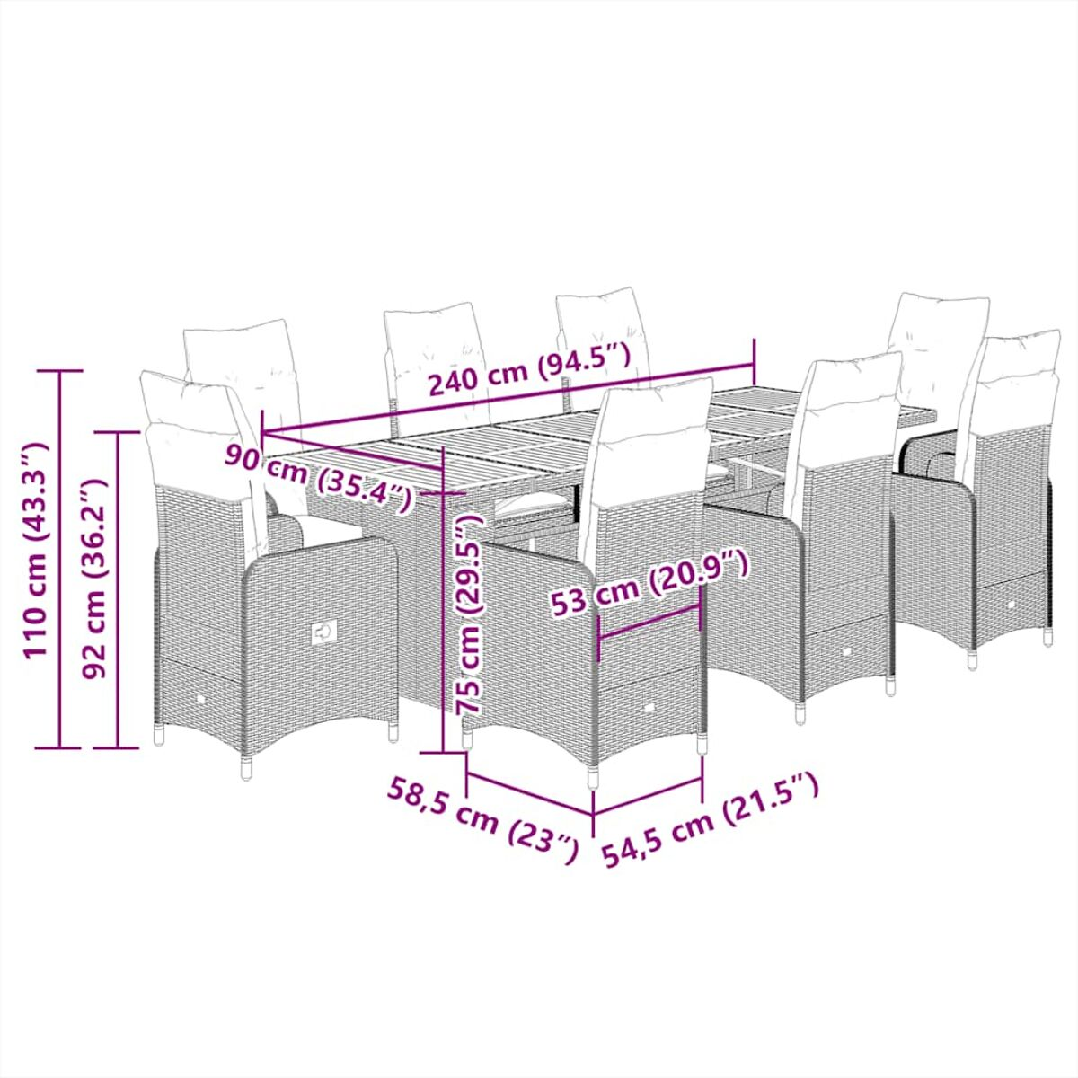 Diagramma di un set da pranzo in vimini per esterni con dimensioni in cm e pollici.
