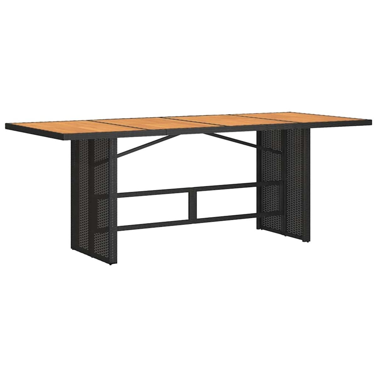Un tavolo da bar rettangolare in rattan da esterno con piano in legno marrone scuro e struttura in metallo nero.