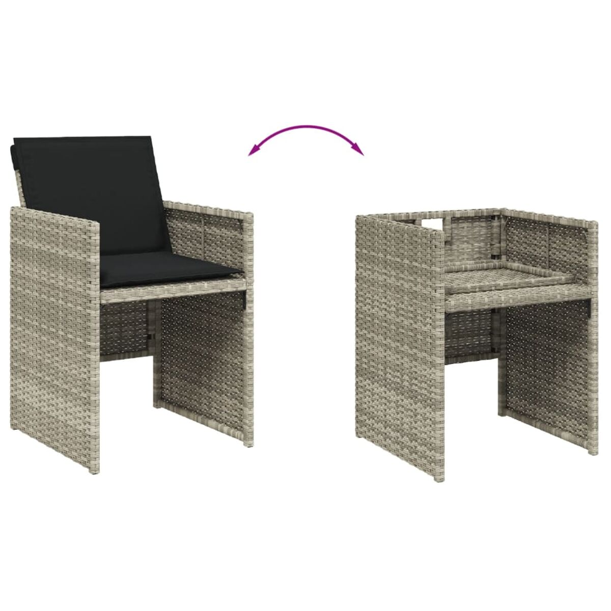 Ein Stuhl verwandelt sich. Grauer Rattan-Stuhl mit schwarzem Kissen. Dann ist der Sitz offen.