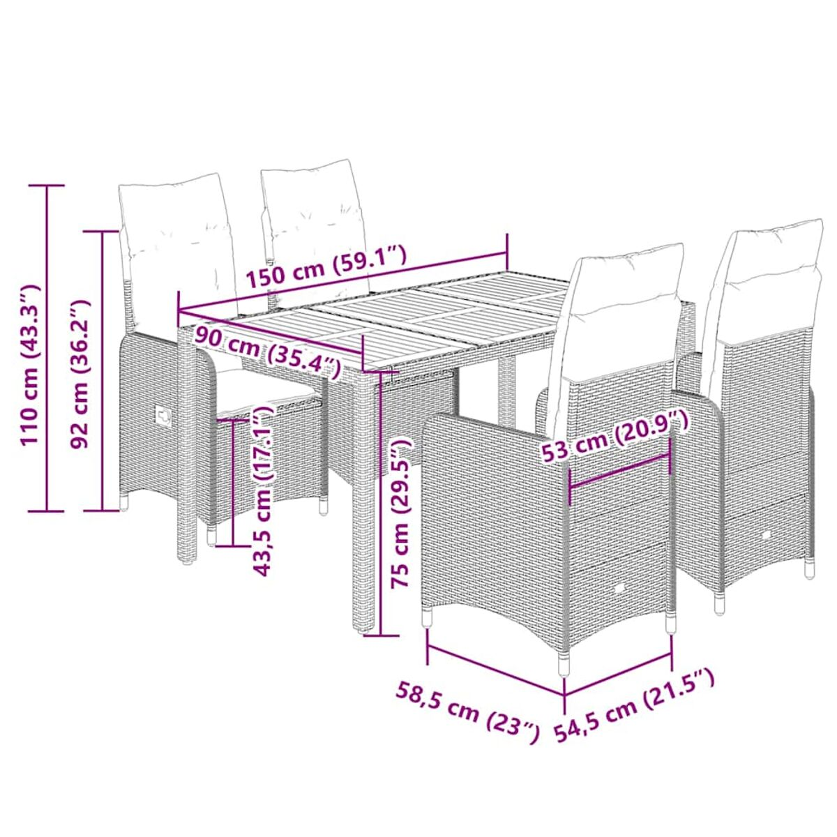 Set da pranzo all'aperto con sei sedie e un tavolo rettangolare. Le misure sono indicate in centimetri.