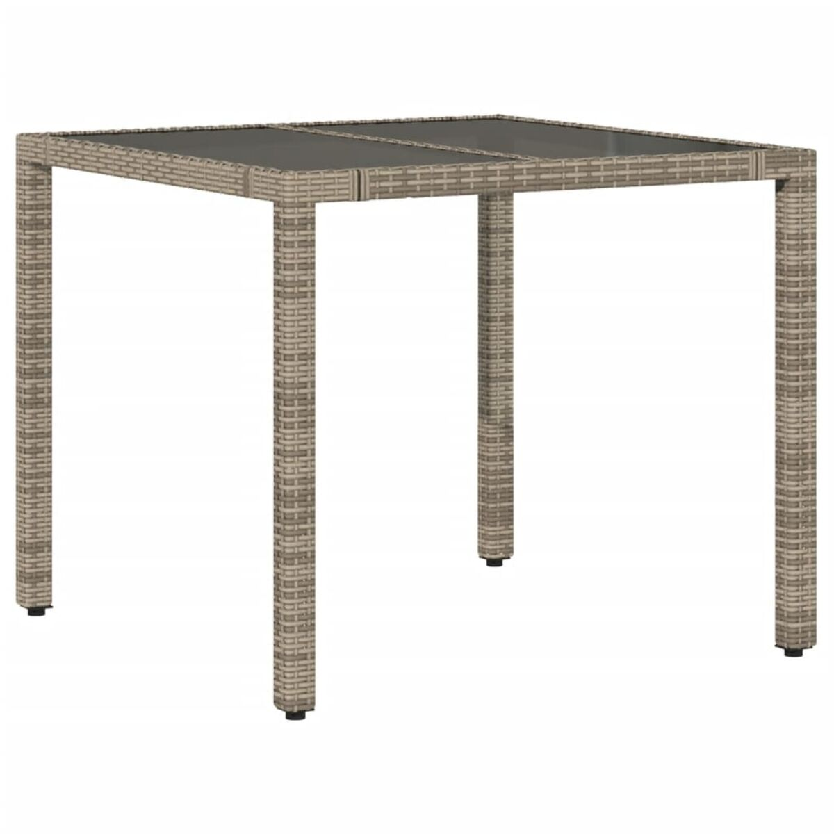 Ein quadratischer Gartentisch mit Glasplatte auf weißem Hintergrund.