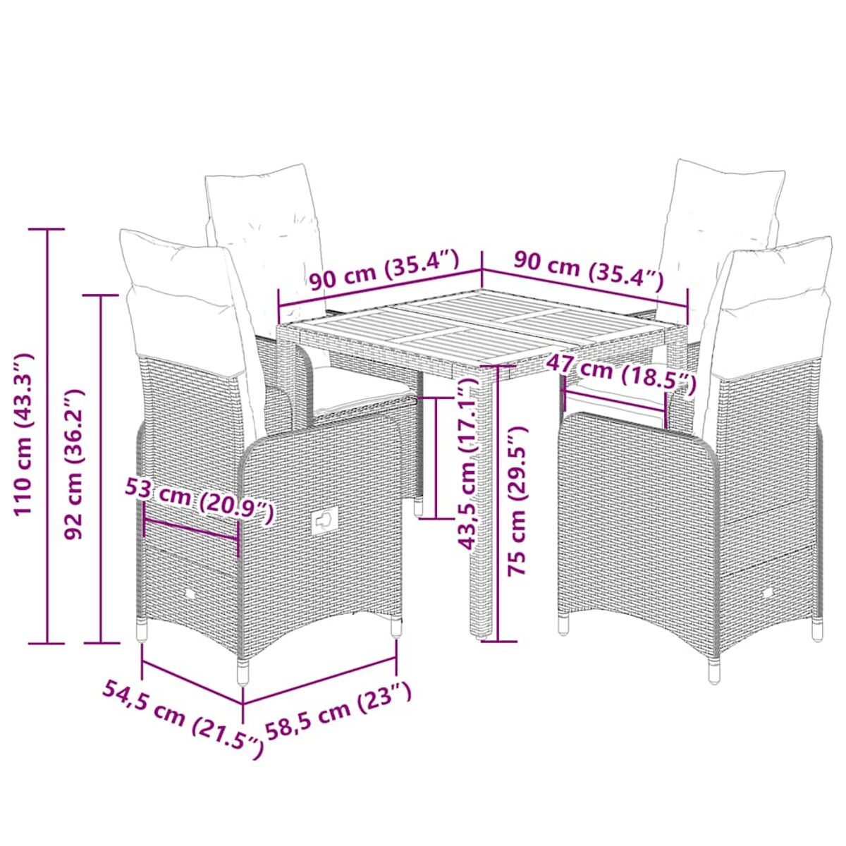 Diagramma di un set da pranzo in rattan con tavolo e quattro sedie, con misure.