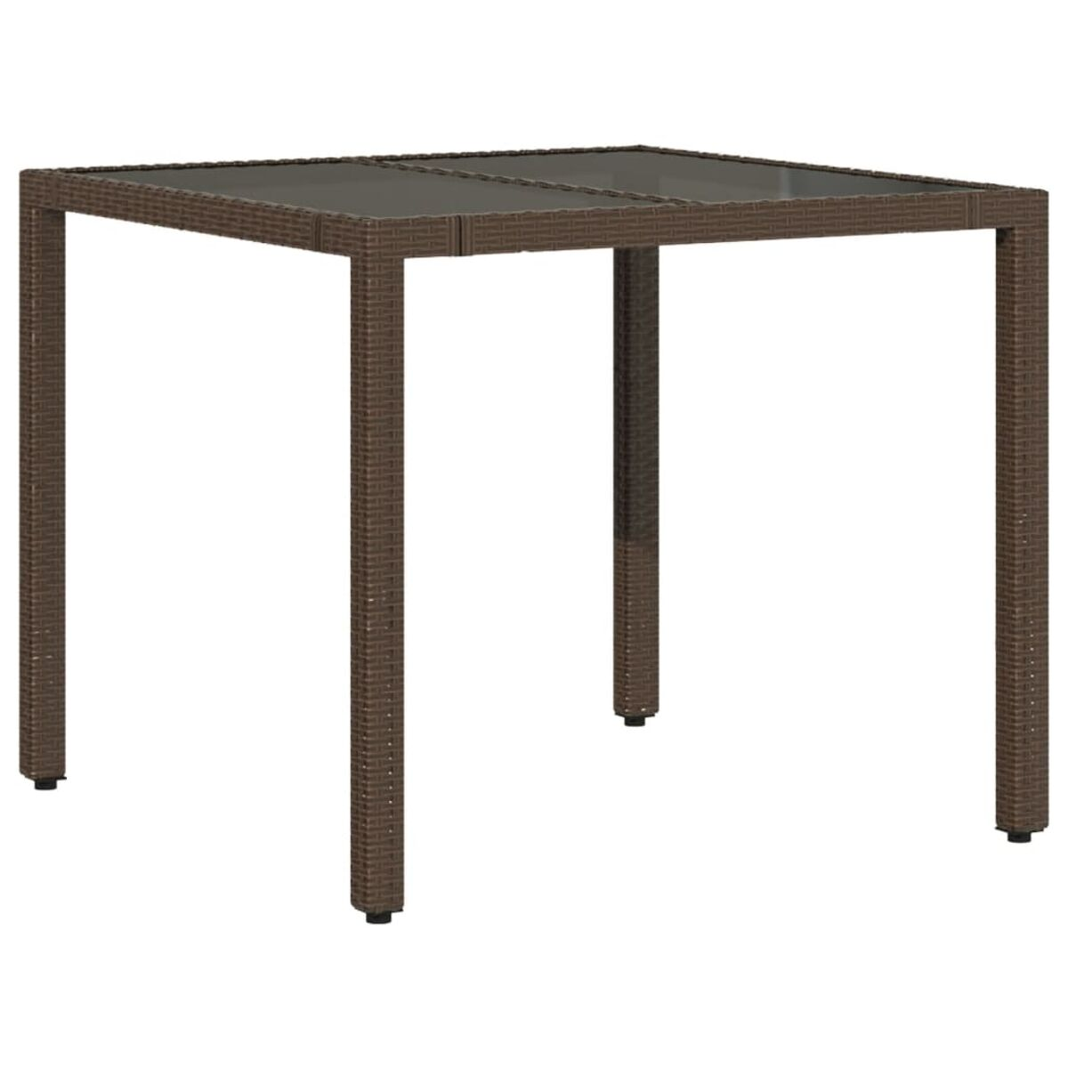 Ein brauner quadratischer Outdoor-Tisch mit Glasplatte und gewebten Beinen.