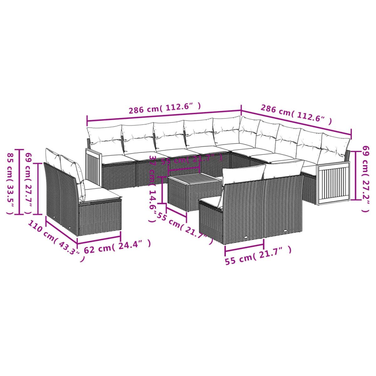 Geflochtenes Outdoor-Ecksofa-Set, mehrere Teile, Abmessungen angegeben, weiße Kissen.