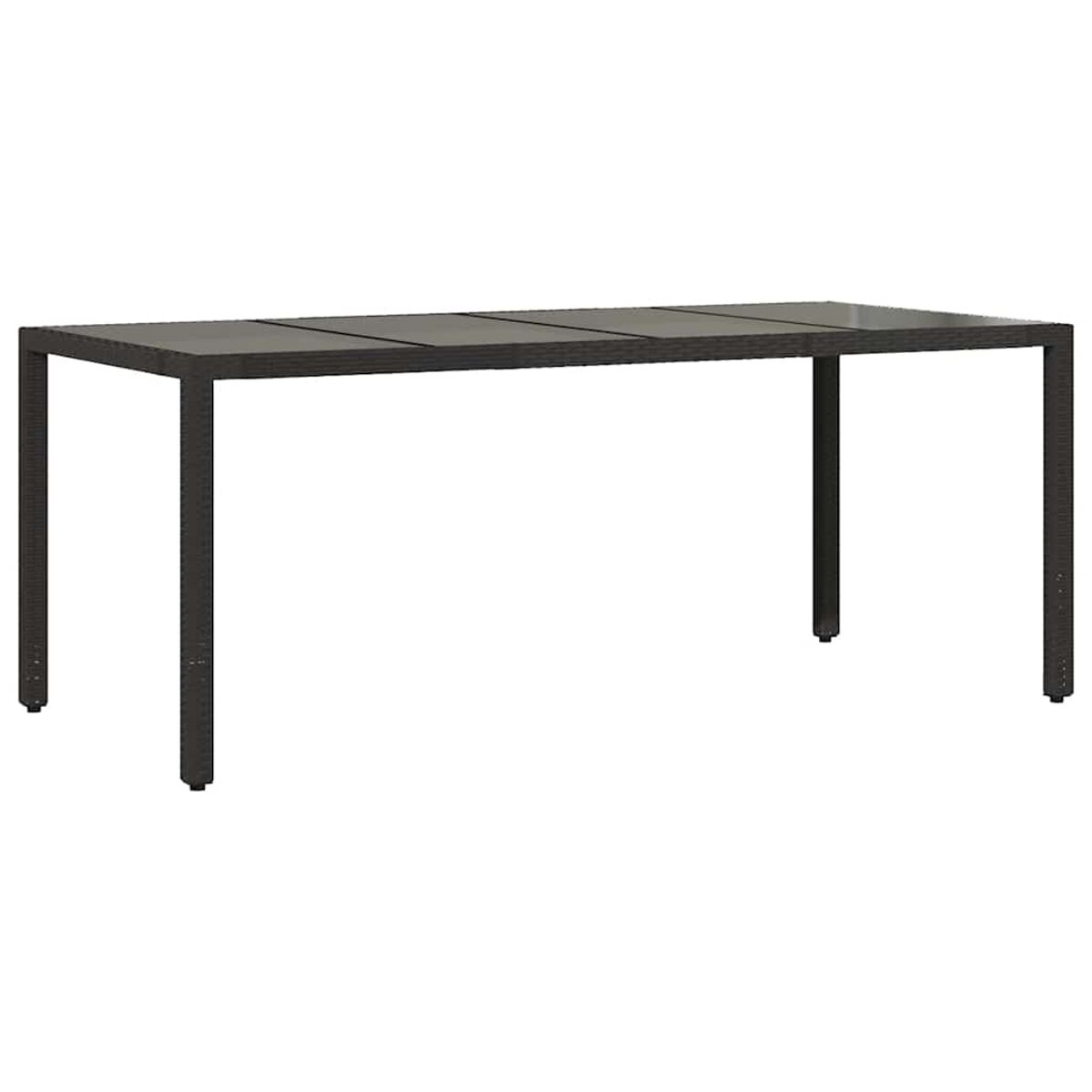 Un tavolo da esterno rettangolare marrone scuro con una trama intrecciata e quattro gambe.